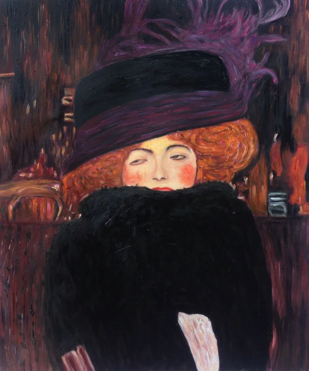 Gustav Klimt Масляная Живопись Репродукции леди с шляпой и перьями боа женщина портрет