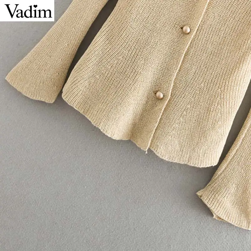 Vadim women elegant knitted V neck sweater flare long sleeve cardigans single breasted female casual tops HA387 |