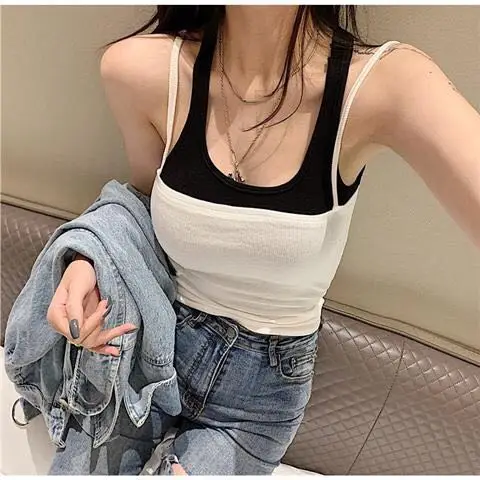 

Summer Off Shoulder Women Spaghetti Vest Fashion Fake Two Pieces Tank Tops