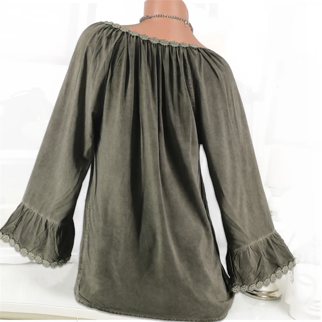Plus Size Fashion Lace Patchwork Blouse Ladies Casual V-Neck Bandage Tee Tops Female Women's Long Sleeve Shirt Blusas Pullover | Женская
