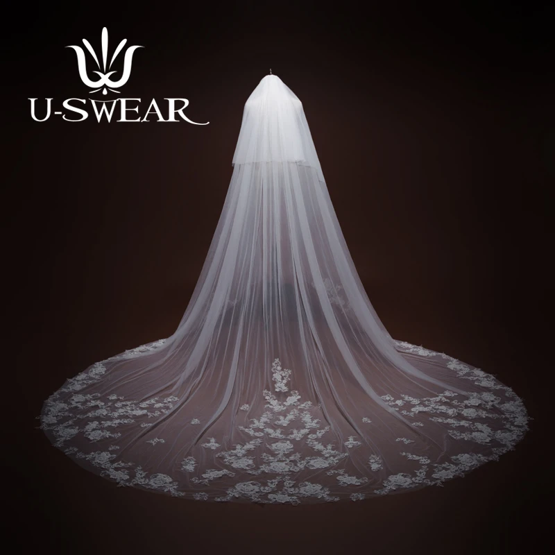 

U-SWEAR Новое поступление Высококачественная женская свадебная фата белая мягкая Цветочная аппликация Соборная Фата свадебная фата платье