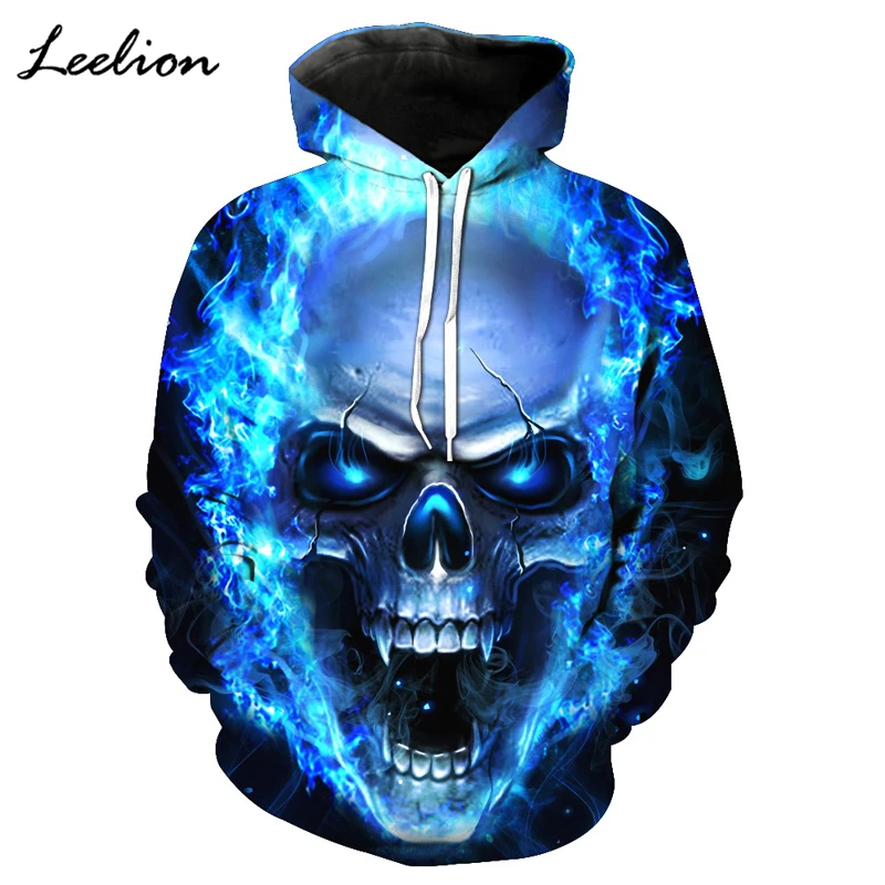Leelion 2018 Синий Пламя Череп 3D Толстовки Для мужчин/Для женщин Кофты с Hat печати осень