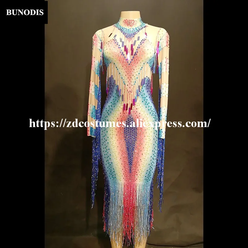 ZD412 Women Sexy Net Yarn Long Skirt Colorful Bling Tassel Paillettes Sparkling Crystals Nightclub Party Stage Wear Costumes