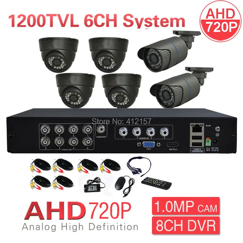 CCTV 8ch HDMI 3 в 1 Hybrid DVR HVR 6 шт. 720 P 1200tvl 1.0mp 6ch безопасности камера Системы ИК дома Цвет