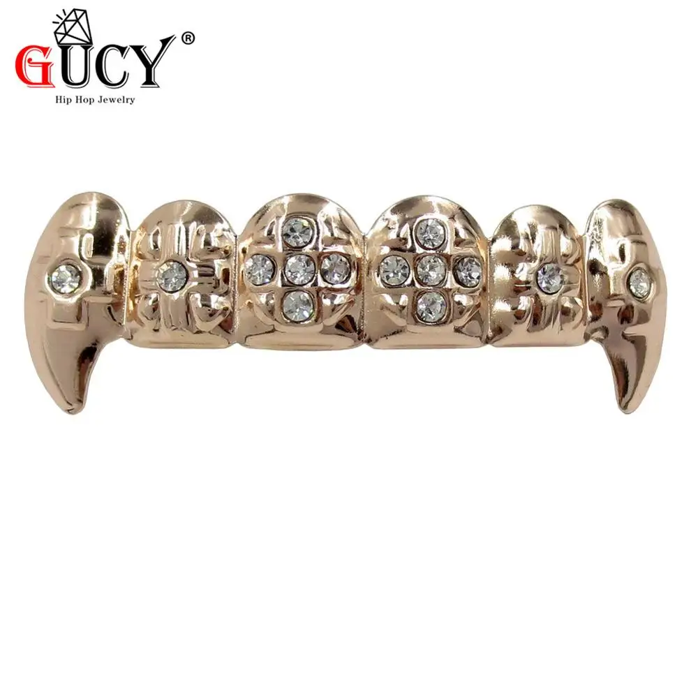 Rose Gold Top GUCY золото Цвет покрытием льдом CZ зубы GRILLZ шапки крест верхней и нижней зуб шапки хип-хоп Bling грили комплект Рождественский подарок - Окраска металла: Rose Gold Top