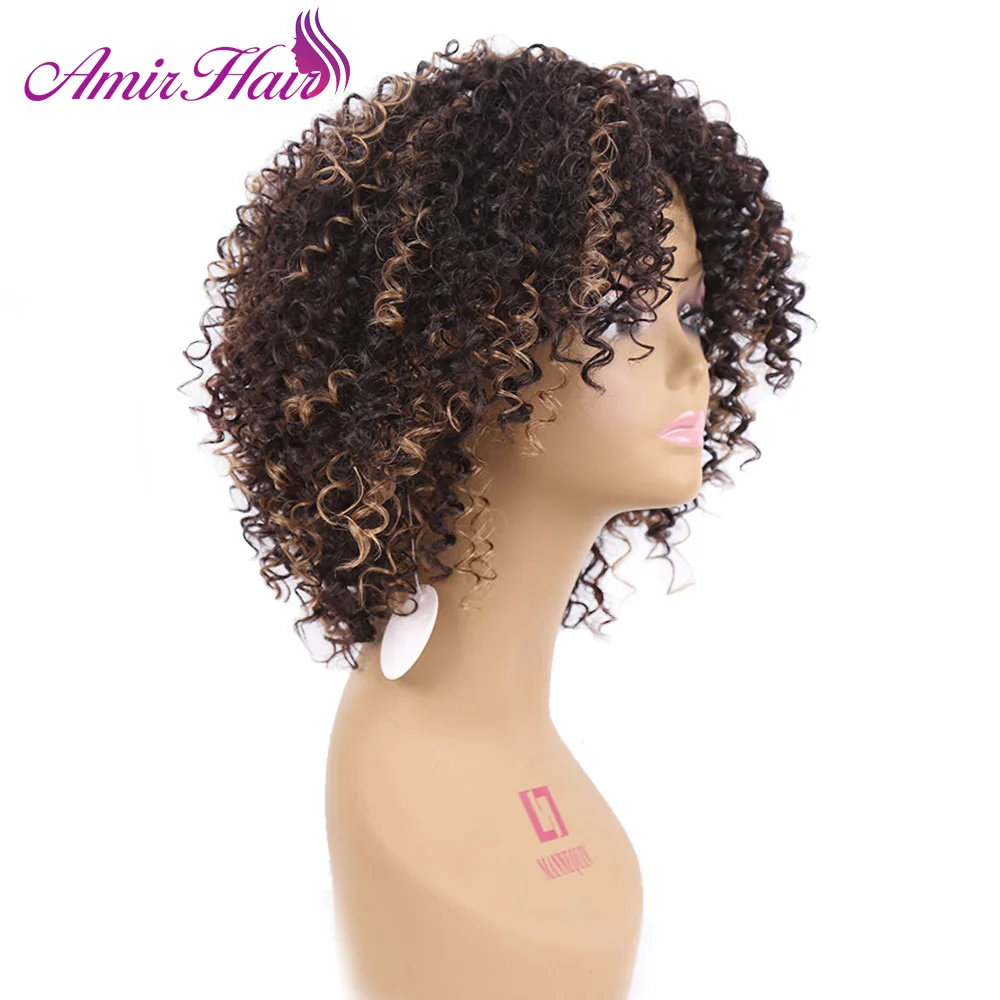 Amir Synthetic Curly Wig Short Afro Kinky Curly Wigs With Bangs Ombre Black and Brown Mix Blonde Wigs for Women Bob style