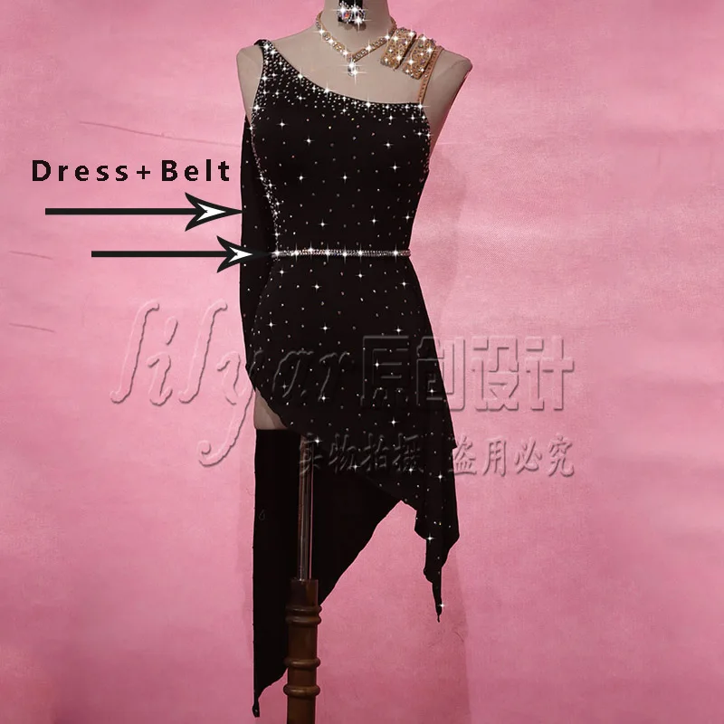 Dress And Belt Платье для латинских танцев для женщин, платье со стразами, черное платье для сальсы, платье с открытой спиной, платье для латиноамериканских танцев, VDB160 - Цвет: Dress And Belt