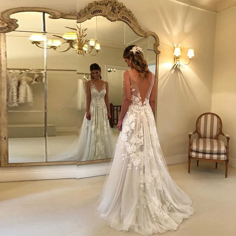 New Arrival Boho Wedding Dress 2019 Appliqued Tulle Sheer A-Line Sexy Backless Beach Bride Gowns vestido de noiva | Свадьбы и