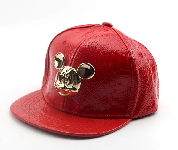 PU red Spring Summer Gorras 100%cotton Pu Leather Baseball Cap Children's Baby Hip-hop Hat Boys Girls Snapback Cartoon Mickey Caps - Цвет: PU red