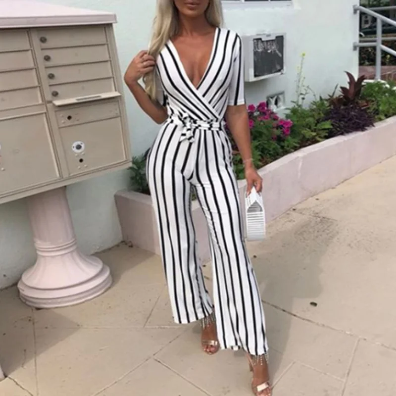 

2018 Fashion Deep V One Piece Striped Women Overalls Waist Belted Wide Leg Office Sexy Bodysuit Bodycon Summer Elegant Jumpsuit