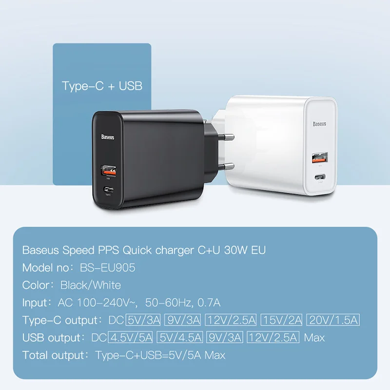Зарядное устройство Baseus Quick Charge 4 0 3 30 Вт USB Type-C для Xiaomi iPhone X XS Huawei 5A | Мобильные