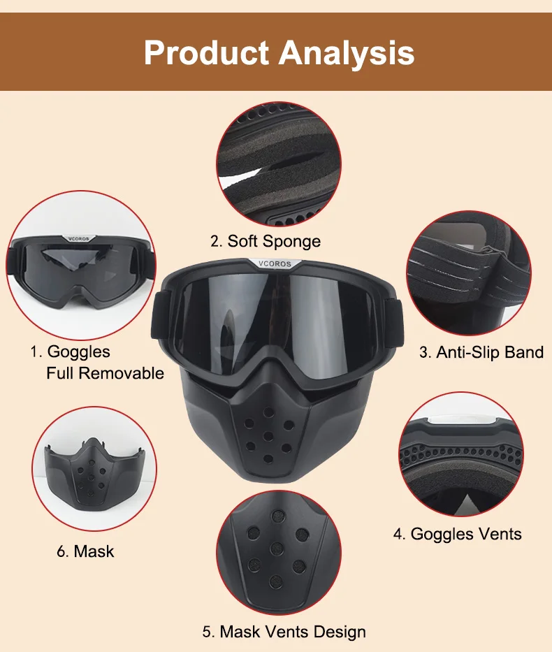 Ouveau VCOROS Modulaire Masque Amovible luneettes Et Bouche Filtre Parfait pour Casques de Moto винтажный Coslplay masque