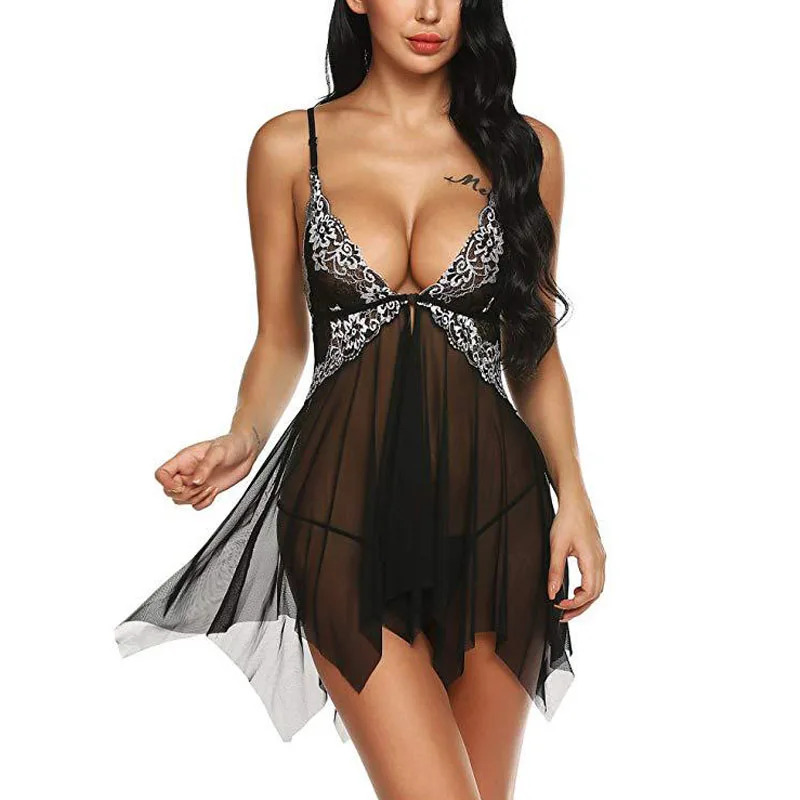 NINGMI, сексуальное женское белье, открытая спереди, Babydoll, кружевной пеньюар с цветочным принтом, набор стрингов, сетка, горячая Распродажа, сорочка с завязками, v-образный вырез, одежда для сна