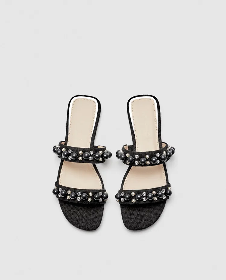 Women Slippers Summer Beach Pearl Shoes Solid Rubber Sole Outside Slides Comfortable Rhinestone bead | Обувь