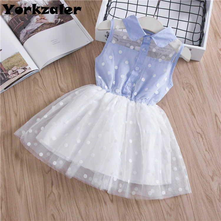 Girls Blue Dress Sleevless Dot Casual Summer Baby Multi Yarn Mesh Clothes Children Clothing | Детская одежда и обувь