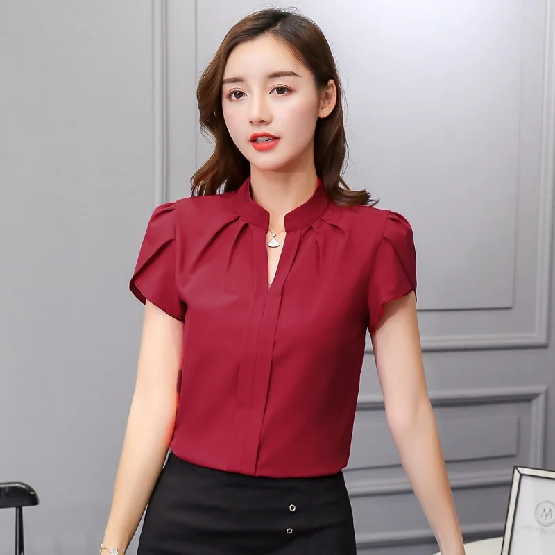 

Womens Shirt V Neck Chiffon Blouse Short Sleeve Solid Color Shirt Large Sizes Bodycon Elegant Ladies Autumn Fashion Shirt