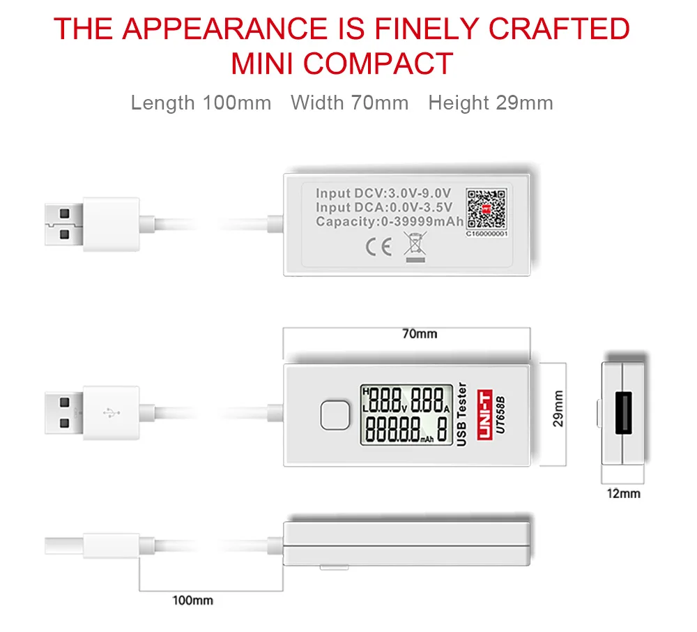 USB тестер UNI-T UT658 UT658B мобильный телефон ноутбук мобильный мощность безопасности монитор 3,0 V-9,0 V/0.0A-3.0A Предупреждение ЖК-дисплей