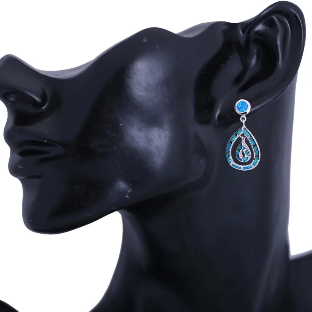 ROLILASON Trendy water drops earring silver plated stamped blue fire opal Drop Earrings fashion Jewelry OE741 | Украшения и