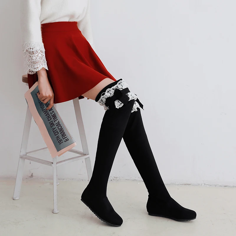 

JK Flat Sole Stretch Women Boots Autumn Over The Knee Girl Boot Round Toe Flock Footwear Sweet Winter Shoes Fashion Lady Shoes