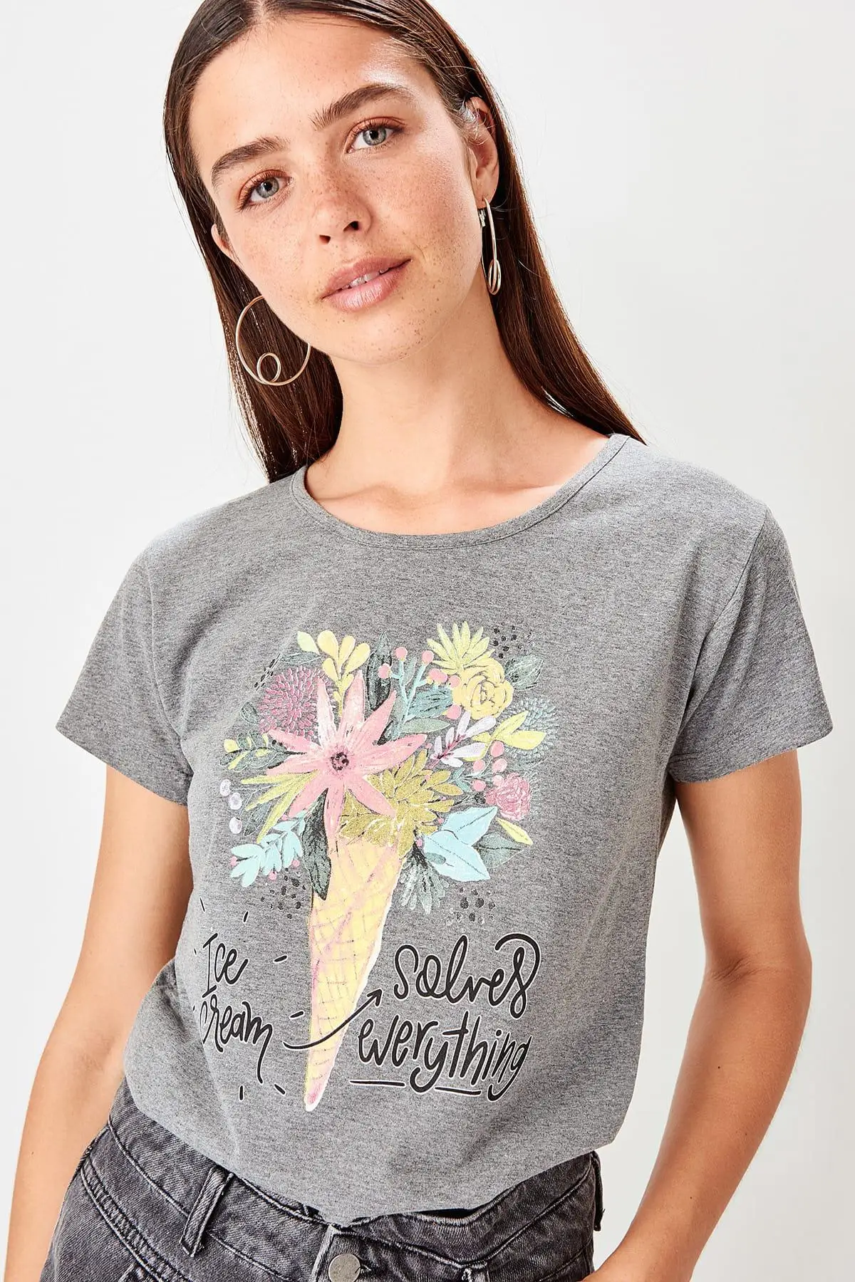 Trendyol Антрацит печатных Базовые Трикотажные футболки TWOSS19TS0545|Футболки| |