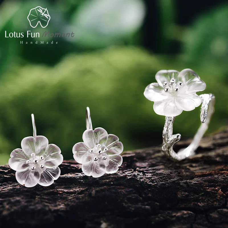 Lotus Fun Moment реального 925 пробы серебро Природный кристалл Модные украшения цветок в