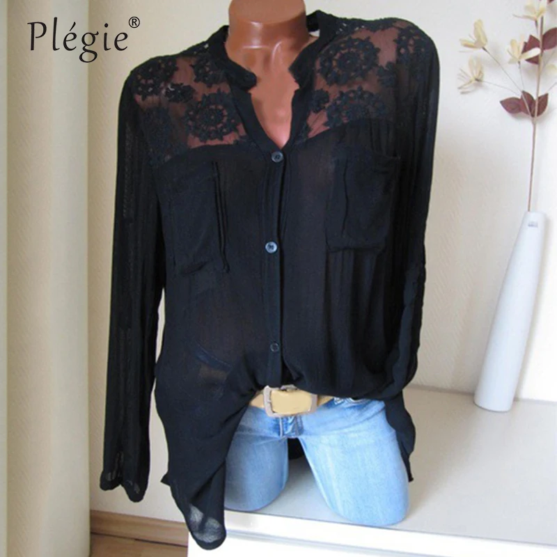 

Блузка-рубашка Женская Plegie 5XL размера плюс, кружевная, сетчатая, с воротником-стойкой, в стиле пэчворк, 2018