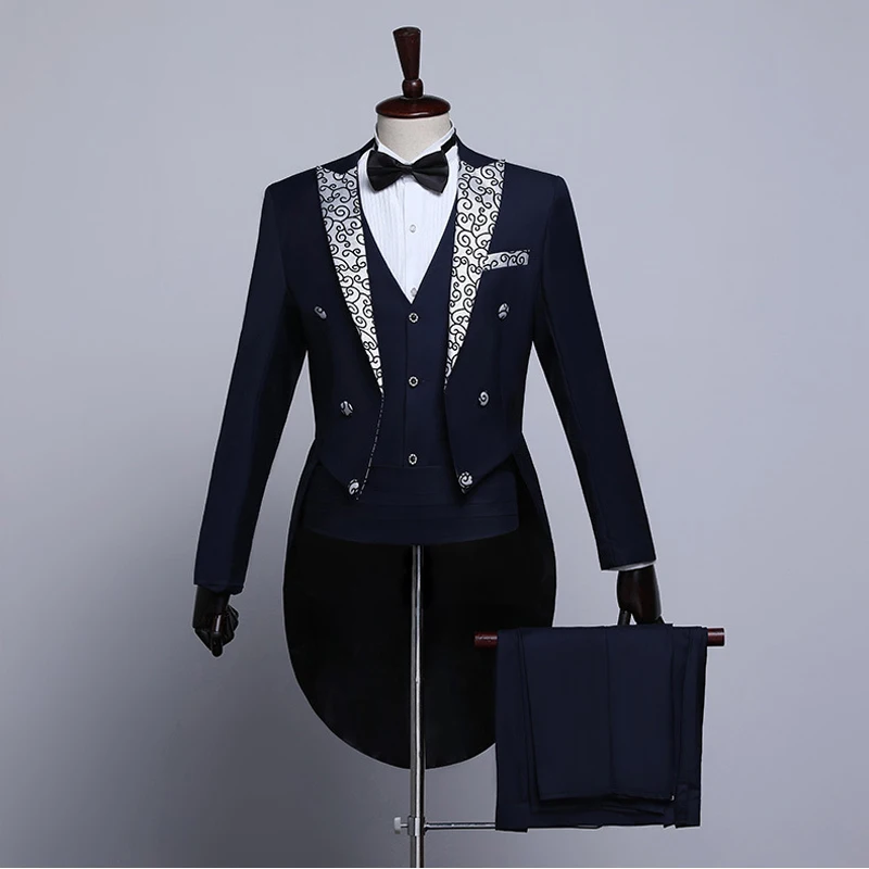 Shenrun Men Fashion Tailcoats Slim Fit Tuxedos Pattern Peak Lapel Wedding Grooms Party Prom Stage Costumes Singers Skinny Suits