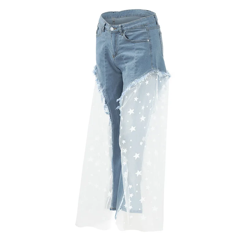 Сексуальные Женщины Широкие Штаны Ноги Sheer Mesh Star Print Splice Джинсовые Брюки Высокой Талией Случайные Свободные Брюки Джинсы Модные Брюки