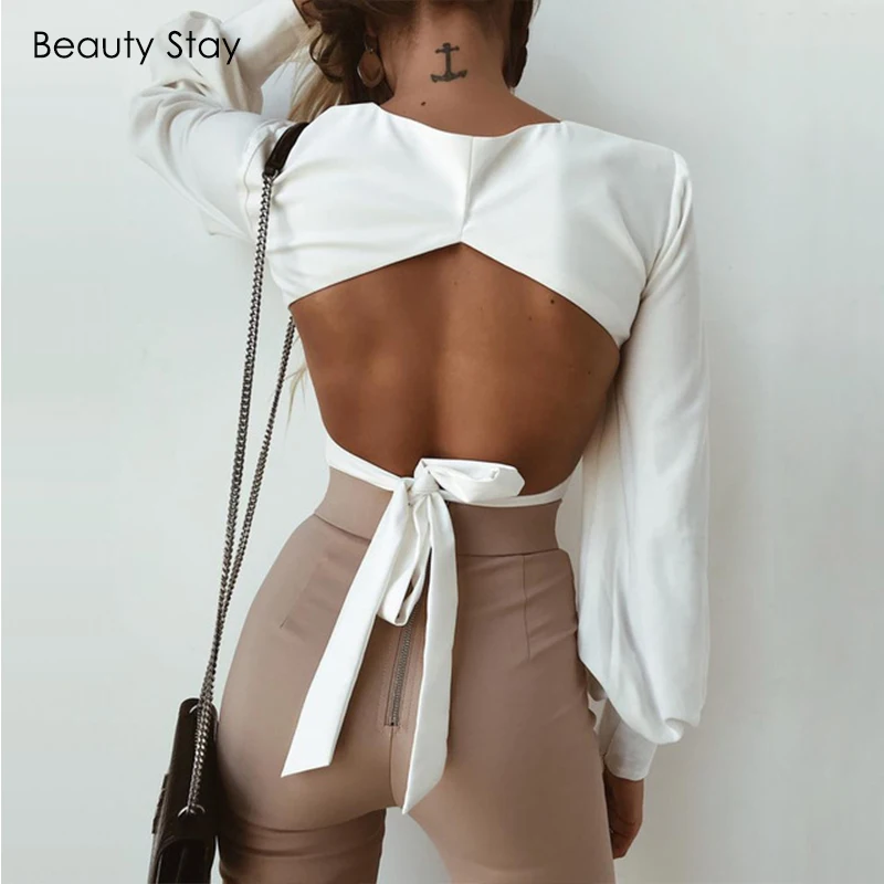 Женская блузка Beauty Stay белая Повседневная шифоновая со шнуровкой спереди и