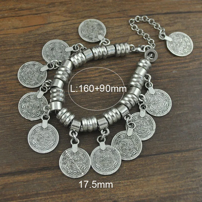Панк Серебряная Монета браслет регулируемый ручной работы Цветочные boho