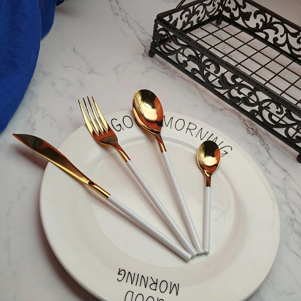 Wholesale 24pcs Round bar Gold Dinnerware Kitchen 304 Stainless steel Knife Fork Tablespoon Food Tableware Flatware Cutlery Set | Дом и сад