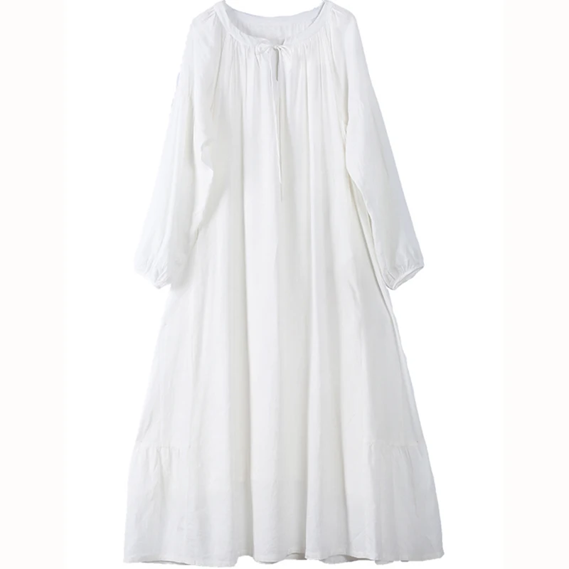 

Spring Vintage dress women white O-Neck Cotton and Linen Long sleeve dress Summer Casual Pockets Pleated long dress women