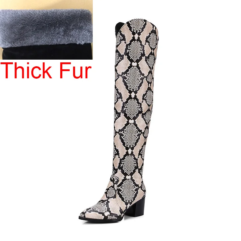 snake veins thickfur BONJOMARISA/модные вечерние сапоги до колена смешанных цветов размера плюс 32-48 женские рыцарские сапоги в западном стиле женская обувь на высоком каблуке - Цвет: snake veins thickfur