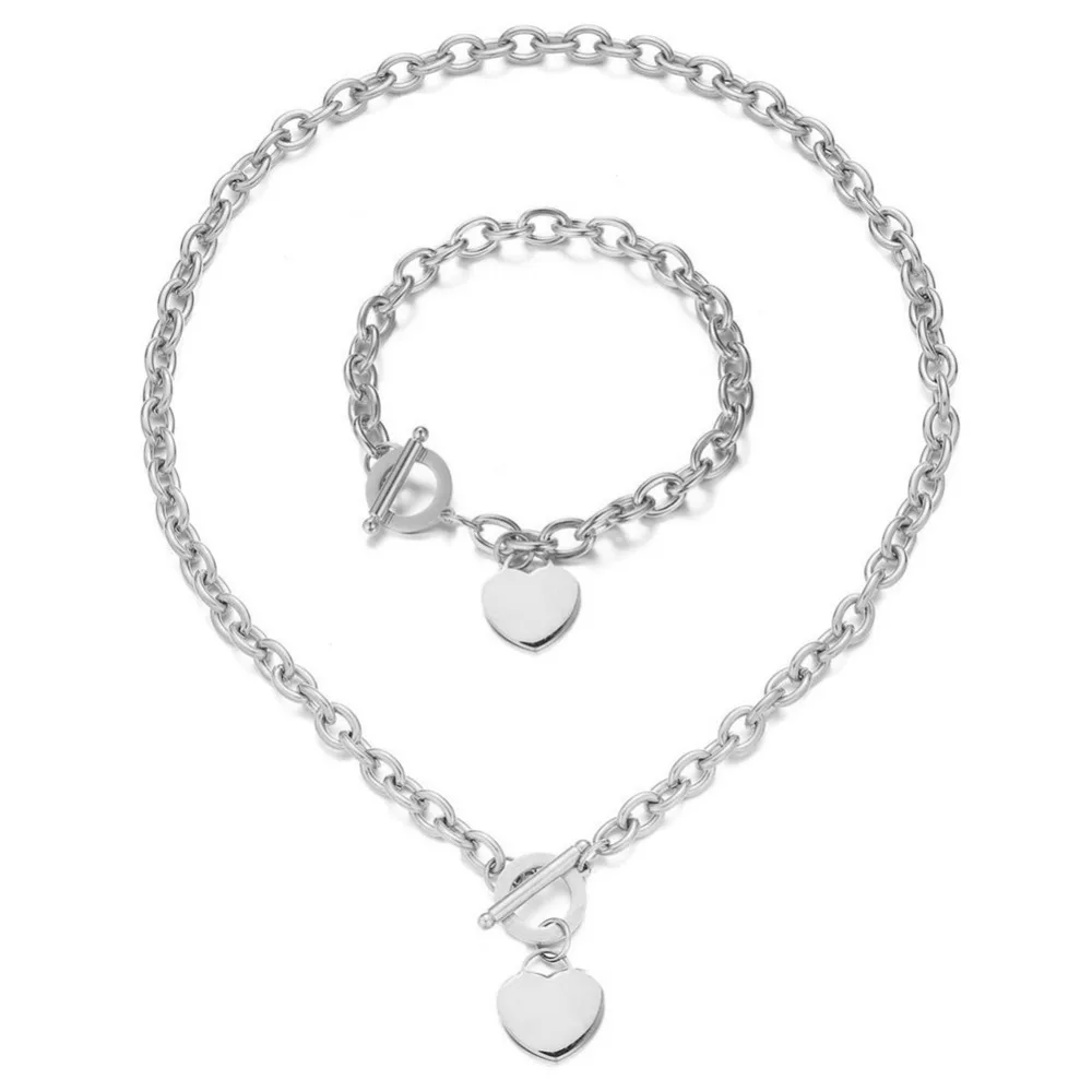 Stainless Steel Chain Heart Jewelry Sets For Women OT Clasp Peach Charm Toggle Necklace Bracelet Set | Украшения и аксессуары