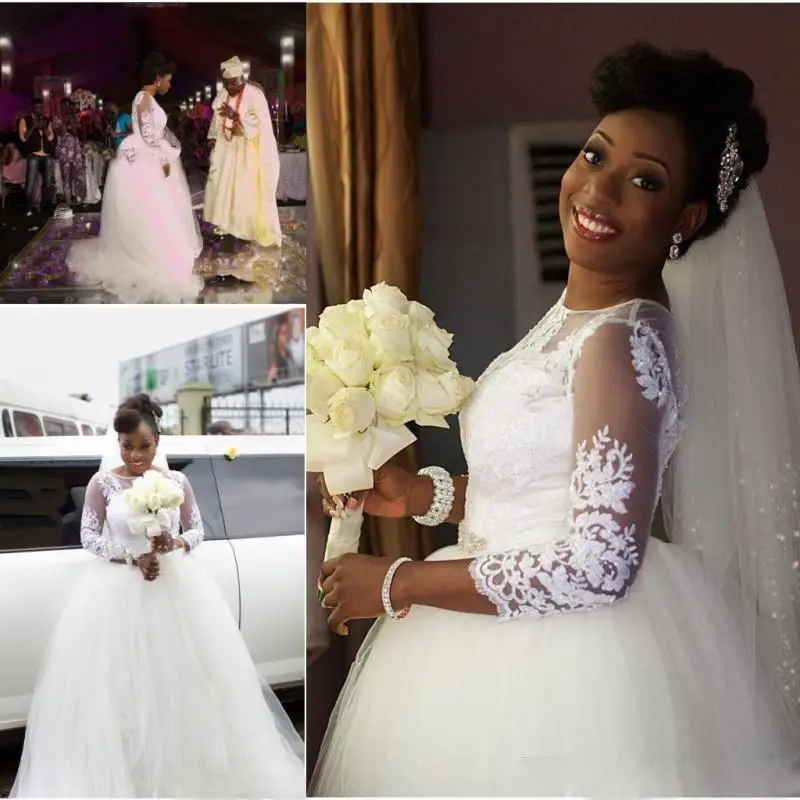 

New Style A-Line 3/4 Sleeves Lace Appliques Wedding Dresses Sweep Train Tulle Beach Vestido De Noiva