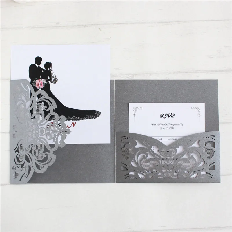 

10pcs card invitation for wedding bridal shower laser cut pocket tri-fold birthday graduation event greeting card