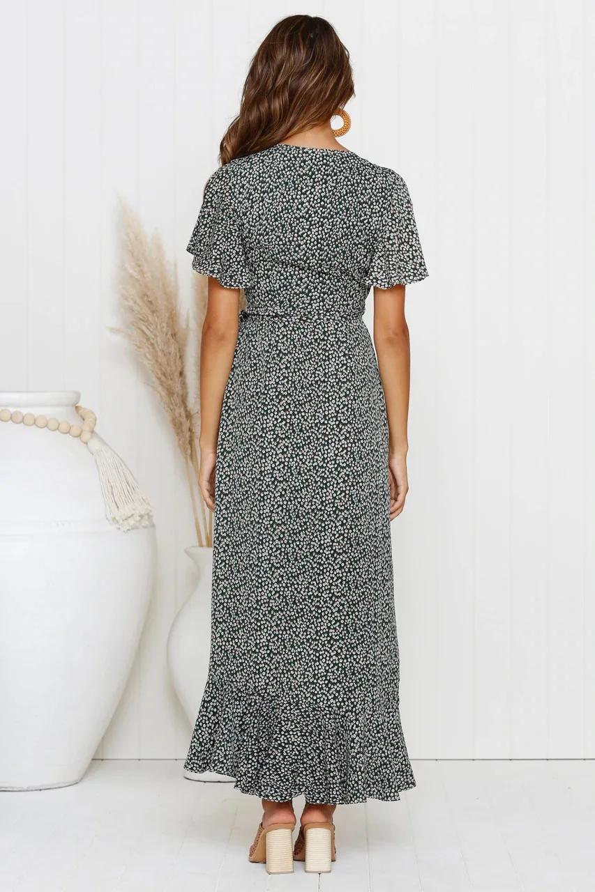 2019 Summer New Women Sexy V Neck Dress Dot Print Lady Short Sleeve Ruffles Fashion Dresses Femal Elegant Long | Женская одежда