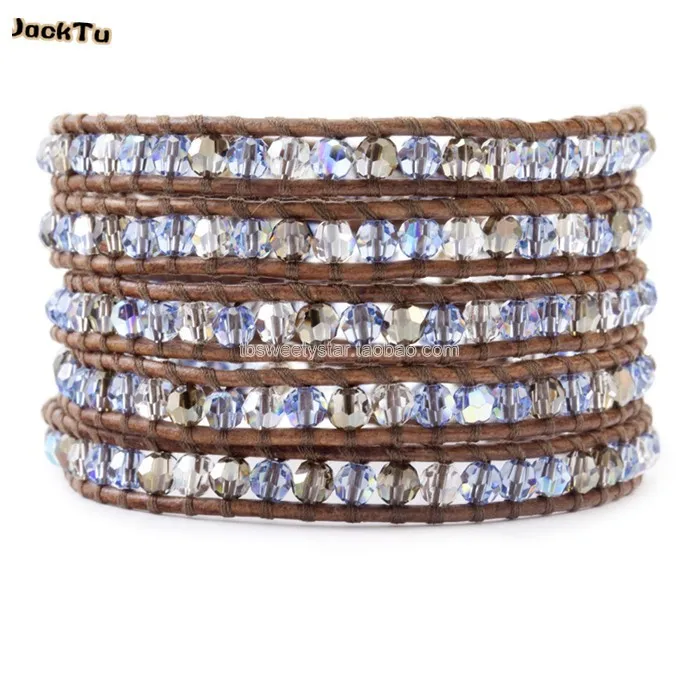 

Free shipping blue grey crystal leather wrap bracelet for woman
