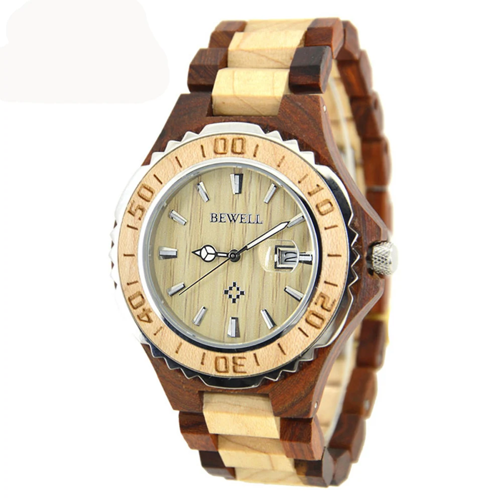 BEWELL красные часы с корпусом из сандалового дерева Мужские Аналоговые кварцевые