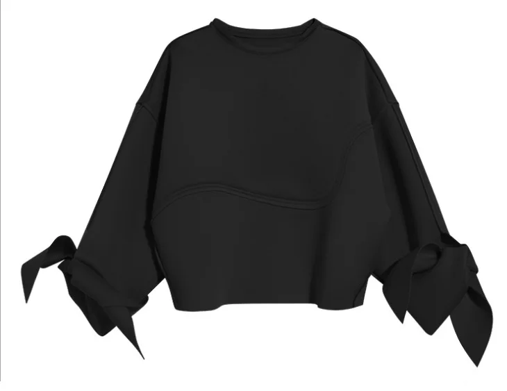 Женская Повседневная мода красный черный хлопковый флис Bow Hoodie манжеты дизайн пуловер с рукавами «летучая мышь» Свободные толстовки кофты - Цвет: Черный
