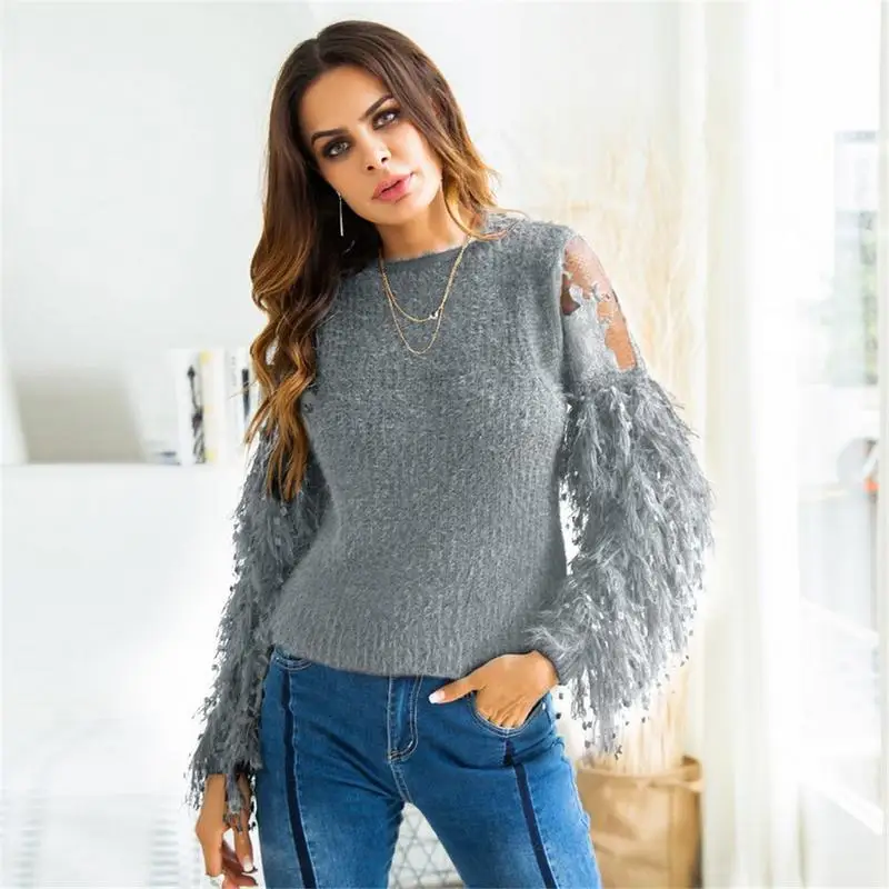 Фото iSHINE 2018 New Fringed Plush Sleeves Perspective Lace Stitching Sweater Autumn And Winter Warm Women's Top Женская одежда iSHINE 2018 New Fringed Plush Sleeves Perspective Lace Stitching Sweater Autumn And Winter Warm Women's Top Женская одежда