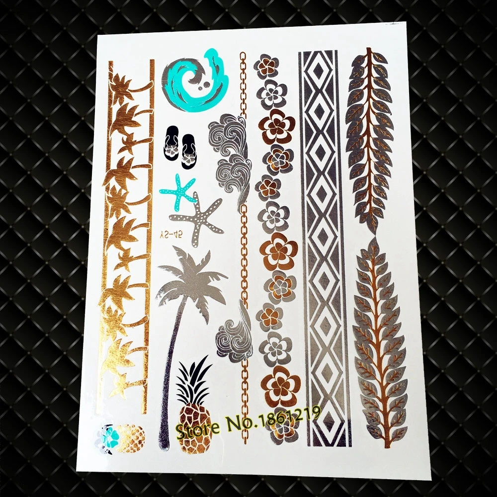 

25 Style Summer Waterproof Flash Gold Tattoo Pineapple Coconut Tree Tatoo Body Art Paste Fake Temporary Metallic Tattoo Stickers