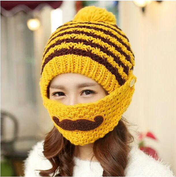 

Women winter knit Windproof warm hat outdoor Riding beard pattern plus velvet mask earmuffs ladies Skullies Beanies cap Z176