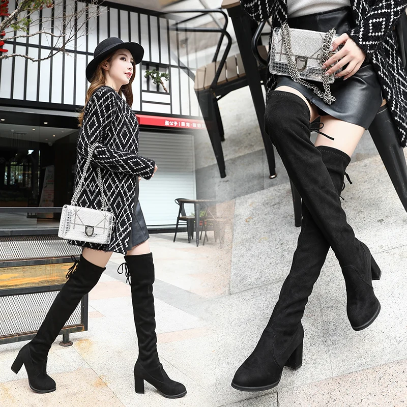 2018 г. новые замшевые сапоги женские ботфорты на высоком каблуке Эластичные