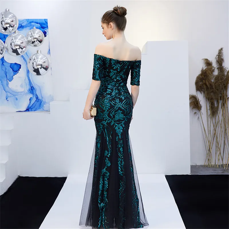 

Dress Women Summer 2019 Slash Neck Short Sleeve Sexy Trumpet/Metmaid banquet elegant night Club Wear long Maxi Dress Sequin