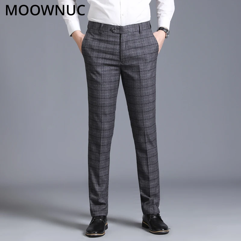 

Male Trousers Longs Pants Plaid Straight Slim Fit Work Business Casual Suit Pant Fashion Brand MOOWNUC No ironing Spring Simple