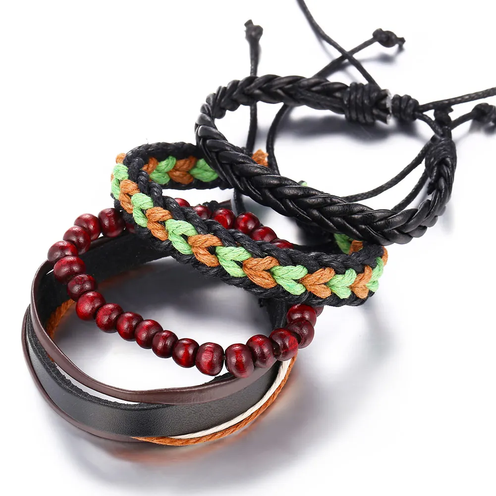 4 Pcs/Set Men Multilayer Adjustable Wood Beads Bracelets Leather Braided Bangle M8694 | Украшения и аксессуары