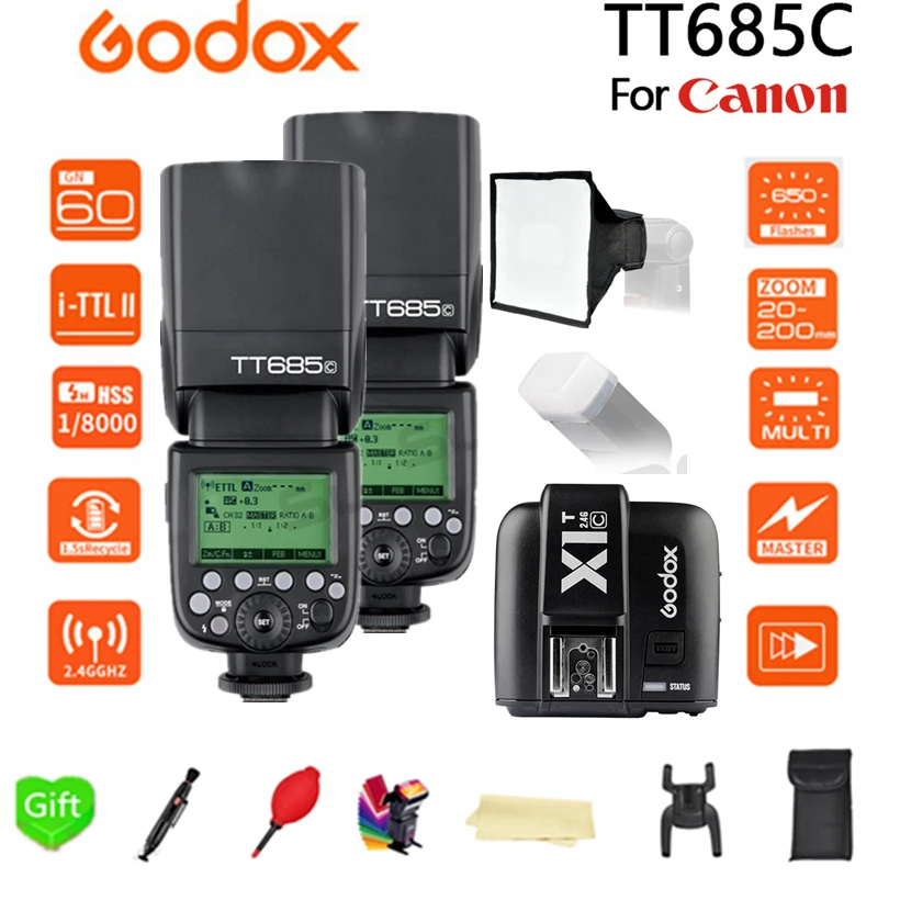 2pcs Godox TT685 TT685C 2.4G Wireless TTL 1/8000s High-speed sync GN60 Flash Speedlite + X1T-C Transmitter for Canon DSLR Camer |