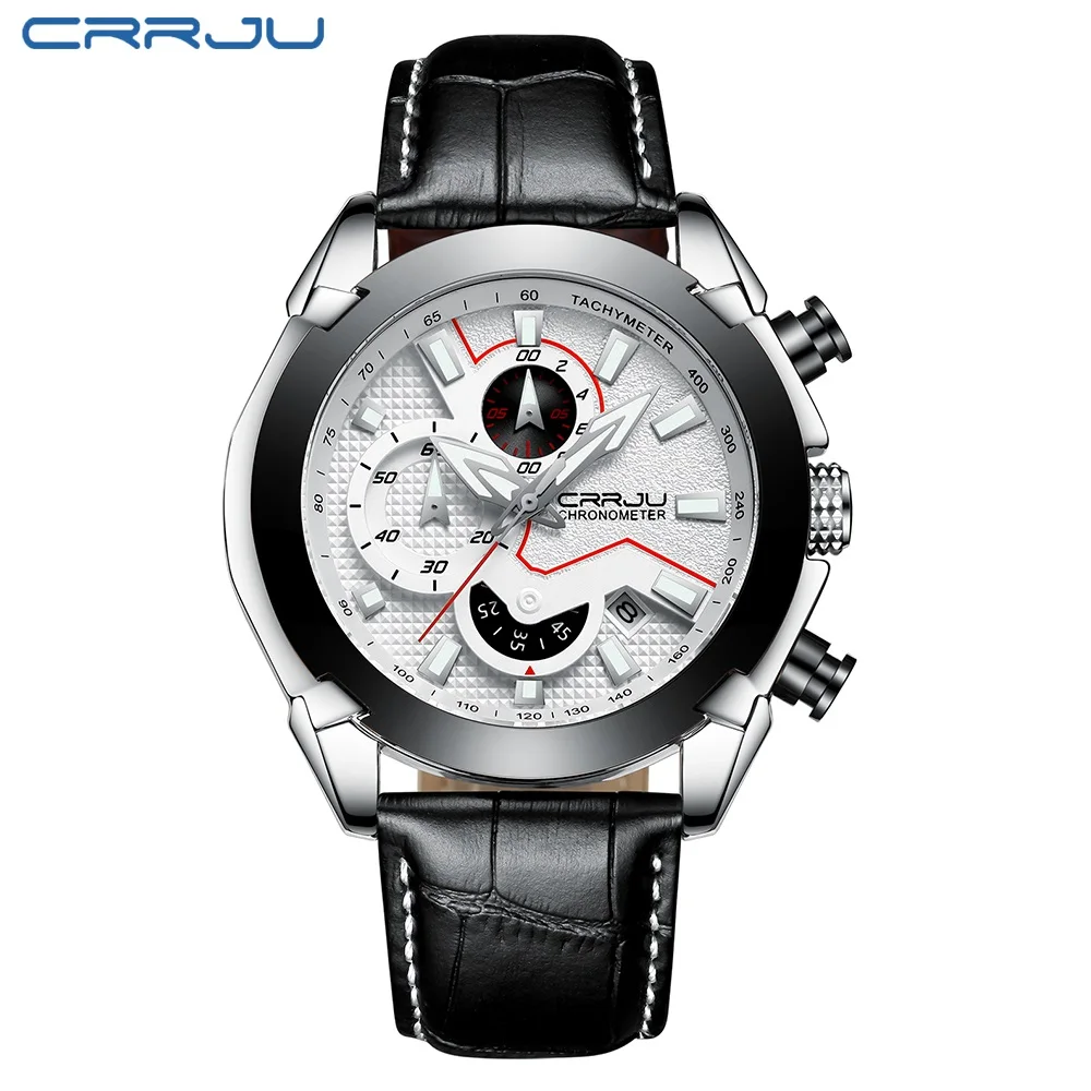 black silver white Relogio Masculino CRRJU Для мужчин черный циферблат часы Военная Дата кварцевые часы с кожаным ремнем Для мужчин s Роскошные Водонепроницаемый Спорт часы - Цвет: black silver white
