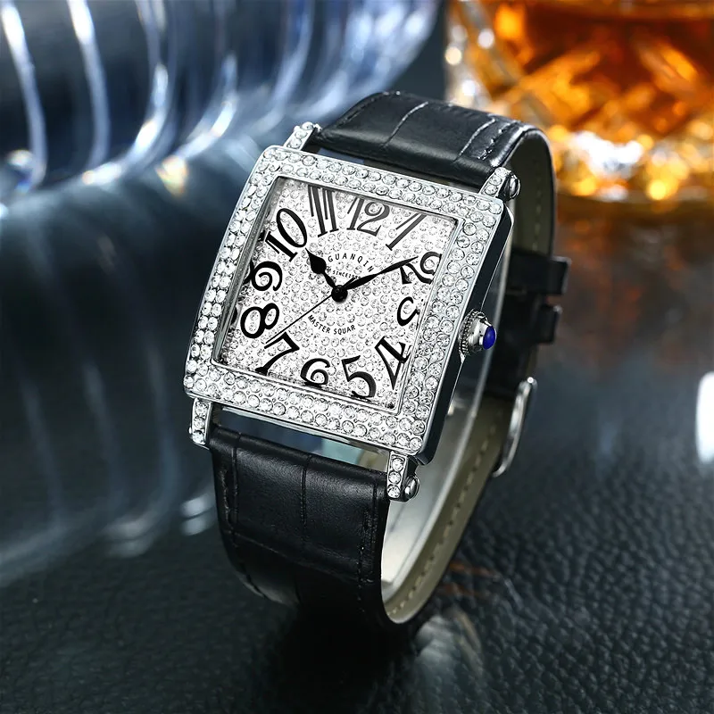Square Watch Leather Watchband Zircon Digital Dial Waterproof Quartz Watch